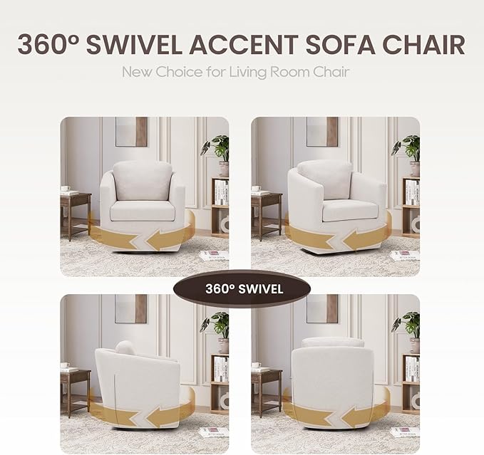 COLAMY 360° Swivel Accent Chair with Pillow, Living Room Armchair No-Sag Foam & Sturdy Metal Base, Fully Assembled Swivel Accent Single Sofa for Bedroom Living Room, Reading Room, Beige