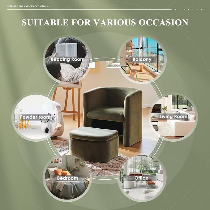 Modern Velvet Barrel Accent Chair with Storage Ottoman, Space-Saving Armchair for Apartment Living/Study Room, Green