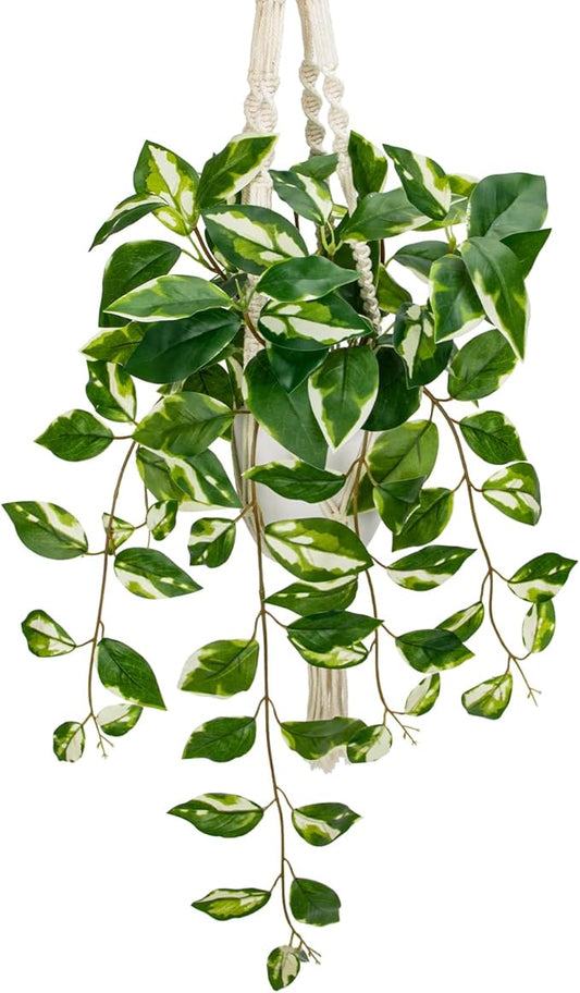 Briful Macrame Hanging Plant with Fake Pothos in White Pot, White N' Joy Faux Hanging Decor for Home Ceiling, Farmhouse Kitchen