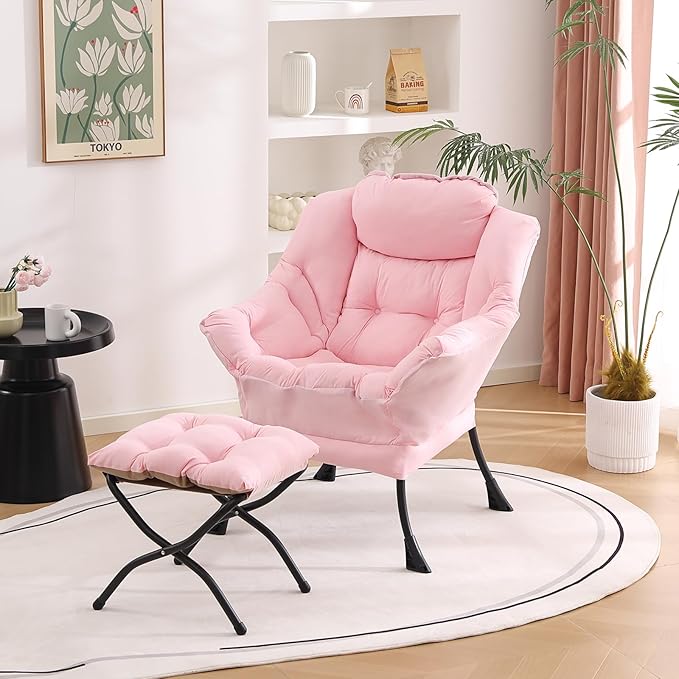 Welnow Lazy Chair with Ottoman, Modern Reading Lounge Accent Chair with Armrests and a Side Pocket, Leisure Upholstered Lazy Sofa Set with Footrest for Small Space