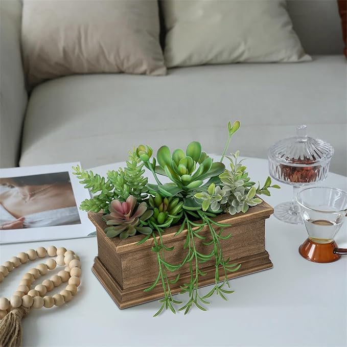 Artificial Succulents Plants, Mini Assorted Potted Succulent Fake Plants in Pots Small Succulents Plants Artificial with Wood Pot for Home Office Living Room Table Shelf Decor Indoor
