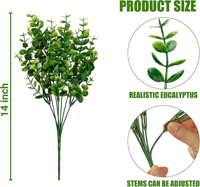 Sggvecsy Artificial Flowers for Outdoors 24 Bundles UV Resistant Boxwood Shrubs Artificial Eucalyptus Fake Plants Faux Plastic Greenery for Farmhouse Garden Indoor Outdoor Home Wedding Decoration