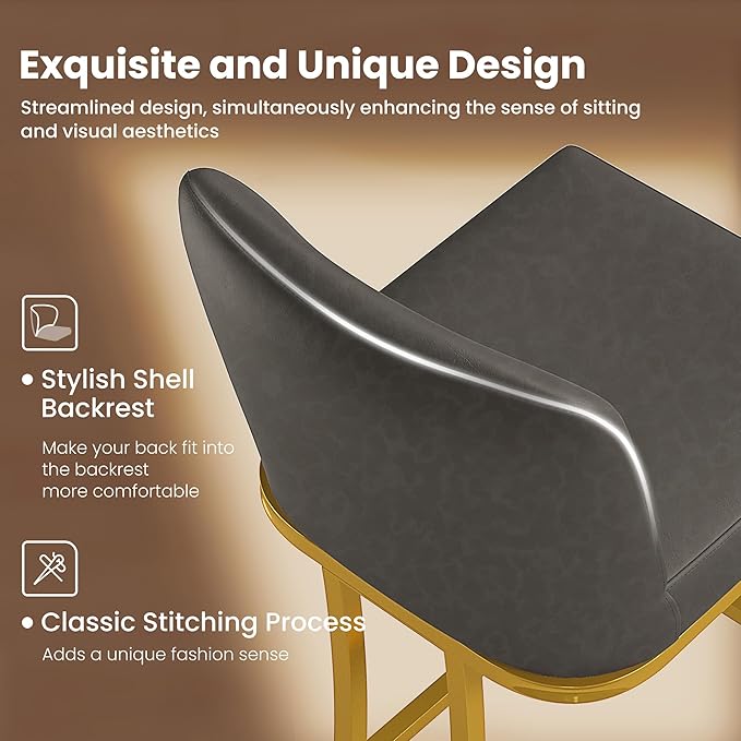 PHI VILLA Grey and Gold Bar Stools Set of 3, Faux Leather Counter Height Chairs, Kitchen Stools for Island, 24 Inch Barstools with Back