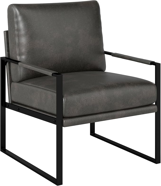 Phoenix Home Mid Century Modern Faux Leather Accent Chair, Metal Framed Armchair with Extra Soft Removable Seat Cushion & Backrest for Living Room Bedroom Waiting Room, Easy to Clean, Gray