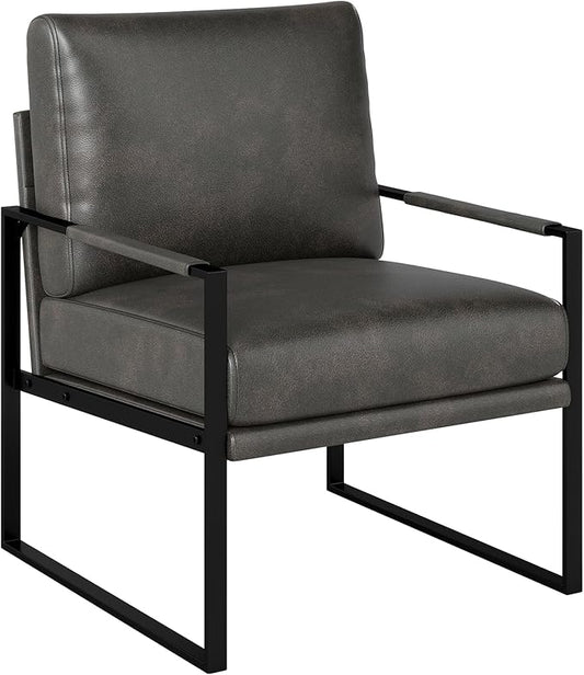 Phoenix Home Mid Century Modern Faux Leather Accent Chair, Metal Framed Armchair with Extra Soft Removable Seat Cushion & Backrest for Living Room Bedroom Waiting Room, Easy to Clean, Gray