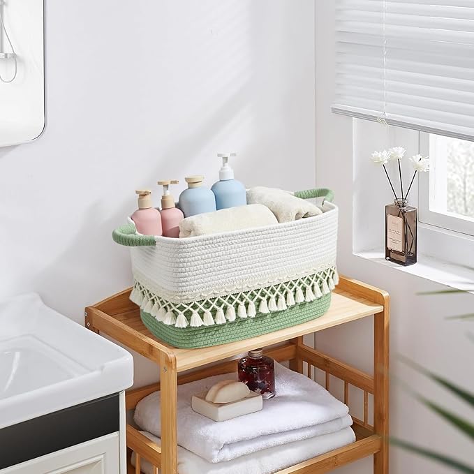 3 Pack Storage Basket for Shelves, Boho Cotton Rope Storage Bins with Heavy Tassel, Shelf Baskets Large Woven Baskets for Organizing, Cube Organizer Bins, Baby Laundry Basket for Clothes, Toys, Pets