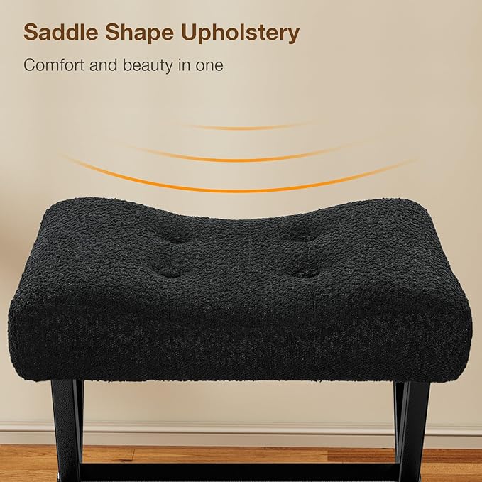 18-Inch Large Vanity Stool Chair, Vanity Bench with Metal X-Legs, Ottoman Accent Stool with Breathable and Soft Boucle Fabric Saddle Seat, Black