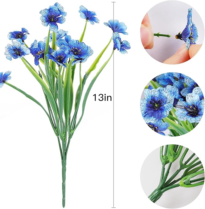 AmyHomie 20 Bundles Artificial Flowers for Outdoor UV Resistant Faux Flowers No Fade Fake Plastic Plants Garden Porch Window Box Decorating(Blue)