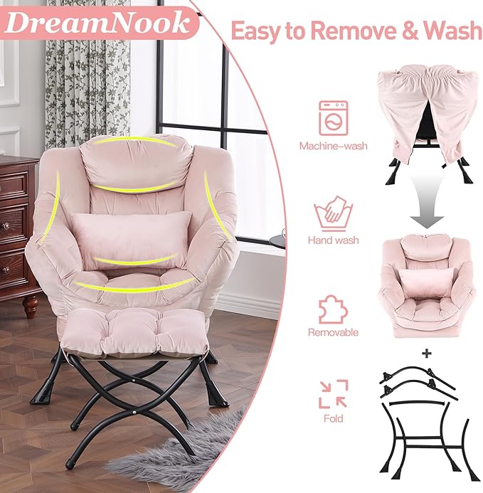 Lazy Chair with Ottoman, Modern Accent Chair with Lumbar Pillow, Comfy Chairs with Folding Footrest for Bedroom, Reading, Oversized Supportive Lounge Chairs(Velvet Pink)