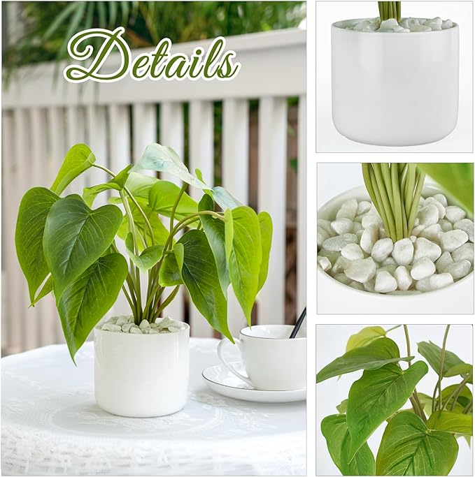 Mkono Fake Plants in Ceramic Pot, 11" Potted Artificial Plants for Home Decor Indoor Faux Green Leaf Plant with Modern White Planter for Desk Shelf Office Room Decoration (Pothos)