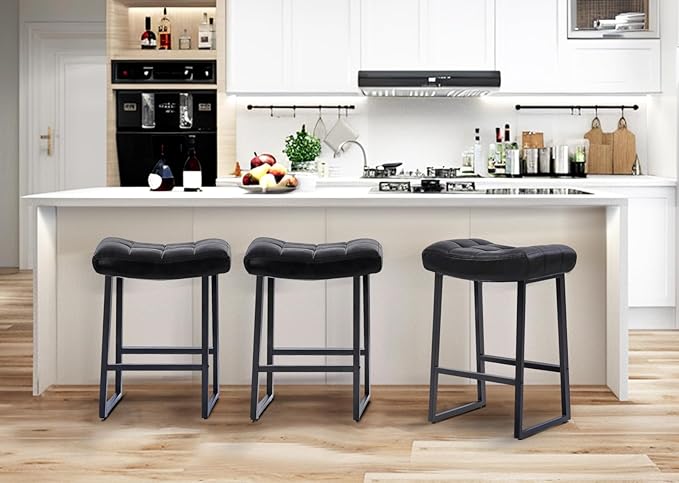 Black Modern Bar Stools Set of 2 for Kitchen Counter 24 inch Counter Height Backless Barstools with Upholstered Faux Leather Saddle Seat and Metal Frame Industrial Bar Chairs