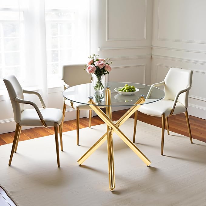 Kitchen Table Classic Dining Table for 4 Round Glass Dining Table 35.4" Kitchen & Dining Room Tables with Metal Legs and Glass Tabletop for Dining Room and Apartment, Golden