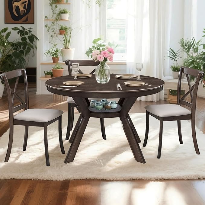 NicBex 47.24" Rubber Wood Round Dining Table for 4-6 People, Mid-Century Kitchen and Dining Table with Wooden Trestle Base, Rustic Brown Solid Wood and MDF Table for Dining Room or Living Room Brown