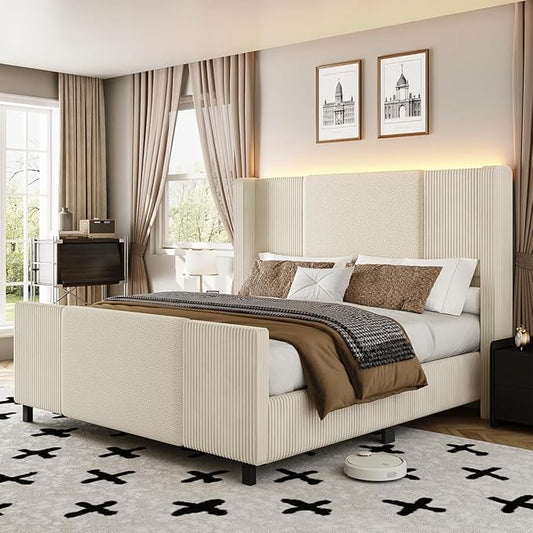 Queen Size Bed Frame with Tall Headboard and Footboard, Boucle and Corduroy Upholstered Bed Frame Queen with LED Lights, Modern Platform Bed Frames, Noiseless, Easy Assembly, Beige