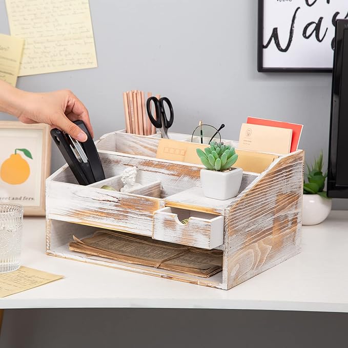 VERGOODR Wood Desk Drawer Organizers with File Organizer Pen holder Office Decor combo Organization Home Can Arrange calculators scissors pens note papers, etc. (washed white)