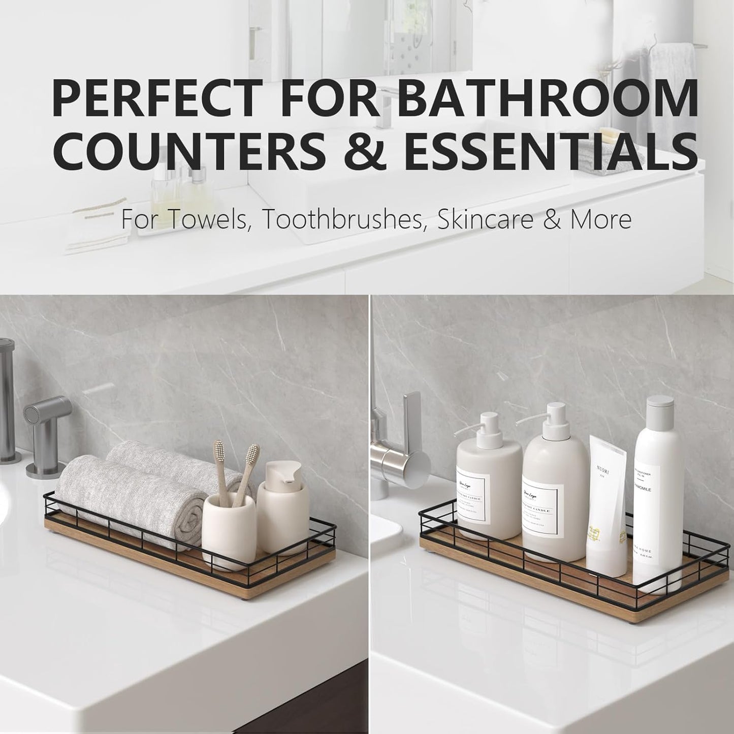 Toilet Paper Basket Organizer – Acacia Wood Toilet Tank Tray with Metal Frame, Back of Tank or Top Bathroom Counter Storage – Black & Acacia Modern Decor