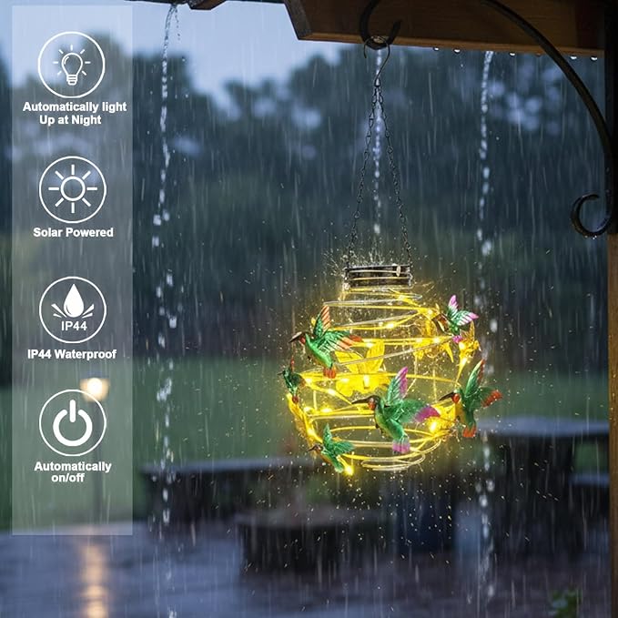 2 Pack Hummingbird Solar Lights Outdoor Hanging Lantern with Handle, Solar Powered Hummingbird Garden Decor for Outside Patio Yard Porch Pathway Butterfly Gifts for Women (Warm White LED Lights)