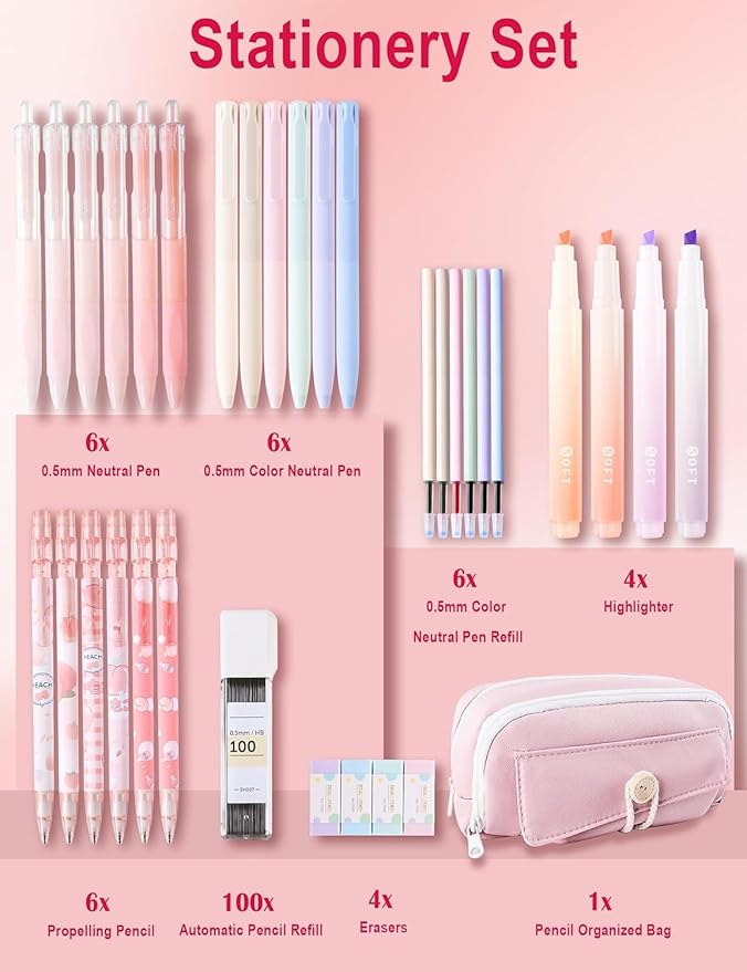 Pink Aesthetic School Supplies Set with 57Pcs Contains all the Daily Use Essentials Stationary for Students In the College