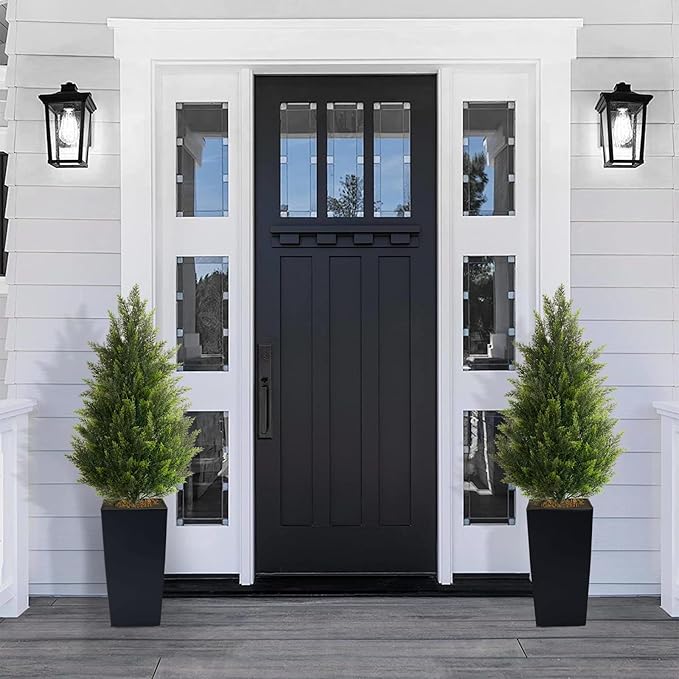 4FT Tall 2 Set Artificial Topiary Cedar Tree, Indoor Realistic Faux Cypress Plants with Square Flowerpot, Outdoor Evergreen Fake Shrubs for Home Living Room Front Porch Decor