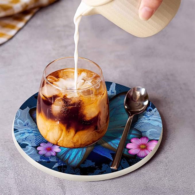 Beautiful Butterfly Table Coasters for Drinks Vintage Splash Ink Floral Pink Bloom 100% Diatomite Home and Dining Room Bar Decor 4 X 4 X 0.35 Inch for Men Women