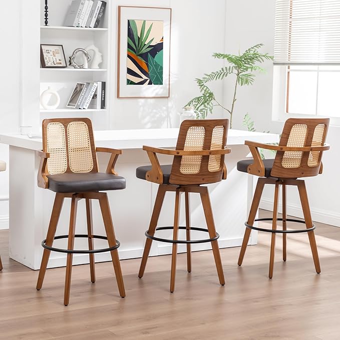 Set of 3 Bar Height Bar Stools - 30 inch Walnut Bar Stools with Cane Back, Upholstered Seat, Curved Arms, Faux Leather, Swivel BarStools for Bar/Pub/Island/Cafe (30" Seat Height, Brown)