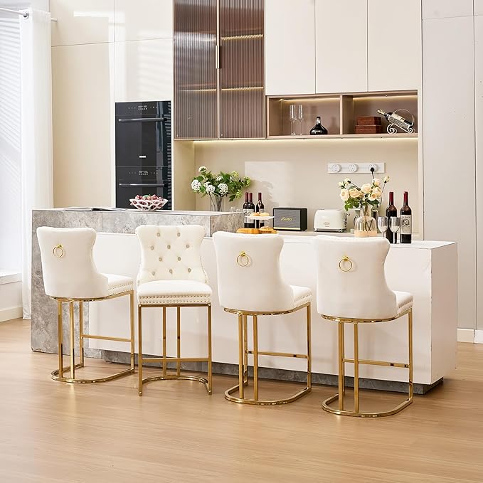 UVV Counter Height Bar Stools Set of 6, 26" Modern Barstools with Back, Velvet Upholstery Counter Chairs with Metal Legs for Kitchen Island, Bar, Counter, Beige