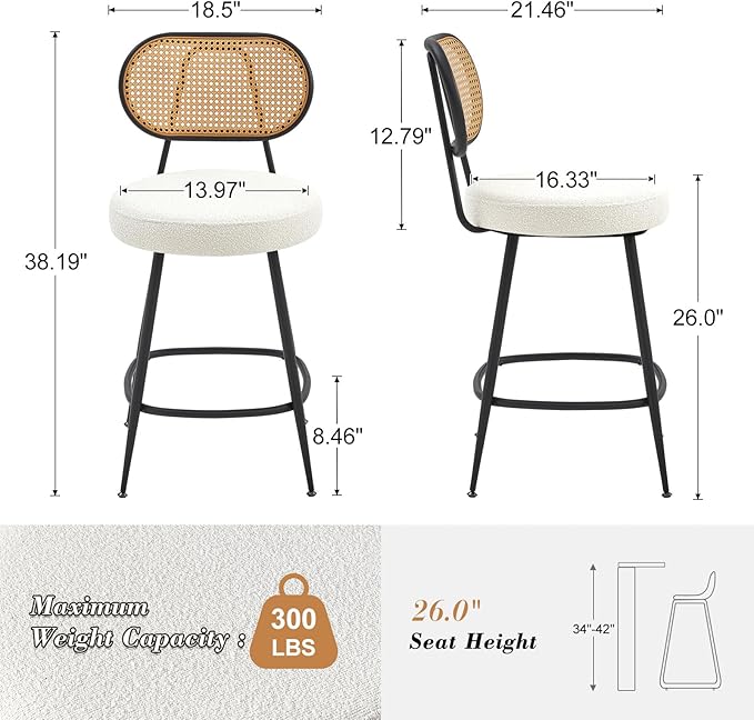26" Rattan Barstools Set of 2, Counter Height Bar Chair with Black Metal Legs, Modern Armless Sherpa Pub Chair, Adjustable Feetpads Stools for Home Counter, Kitchen Dining Island, Cafe(Beige)