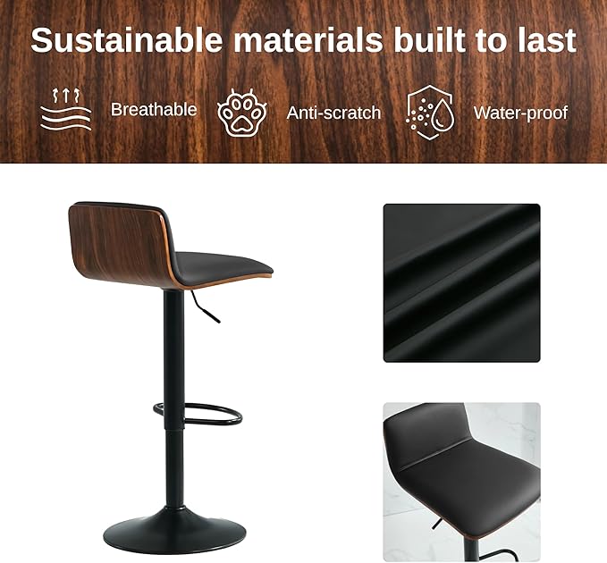 Set of 3 Swivel Bar Stools Adjustable Height, Faux Leather Barstools with Wooden Back and Footrest, Counter Height Bar Height Chairs for Kitchen Island, Dining Room, Black