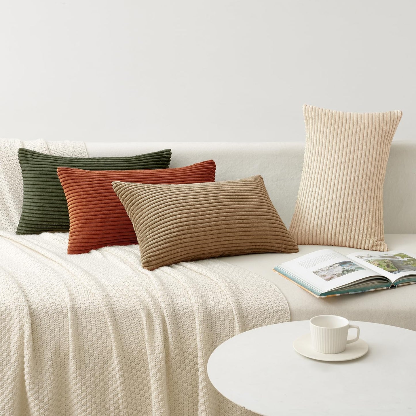 MIULEE Boho Farmhouse Throw Pillow Covers 12x20 Inch Set of 4 Mordern Rust-Olive Green Cushion Covers Soft Corduroy Nordic Home Decor for Spring Couch Bed Sofa Living Room