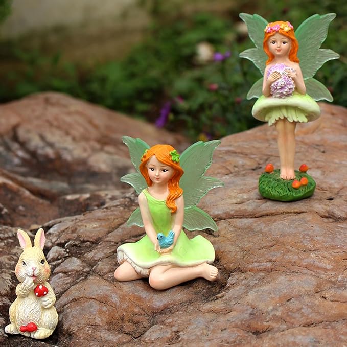 Mushroom Garden Miniatures Fairies Luminous Wings, Mini Garden Figurine Set Fairies Statues with a Rabbit for Outdoor Garden Yard Lawn Home Decor Lovely Resin Fairy Angel Accessories 3 PCS