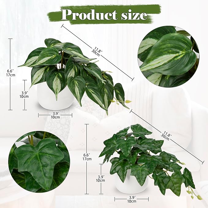 Fake Plants Set of 2 Artificial Plants Faux Ivy Pothos with White Ceramic Pots Fake Potted Plants Artificial Decor for Home Bathroom Shelf Desk Indoor