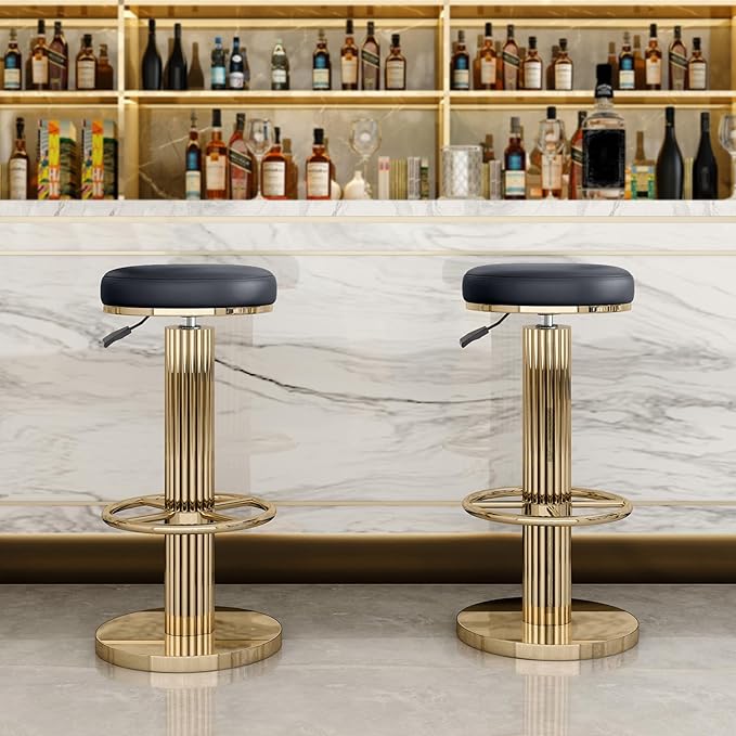 FUNROLUX Gold Bar Stools Adjustable Swivel Counter Stools Modern Backless Counter Height Bar Stools for Kitchen Island with Metal Legs and Upholstered Microfiber Leather (Black)