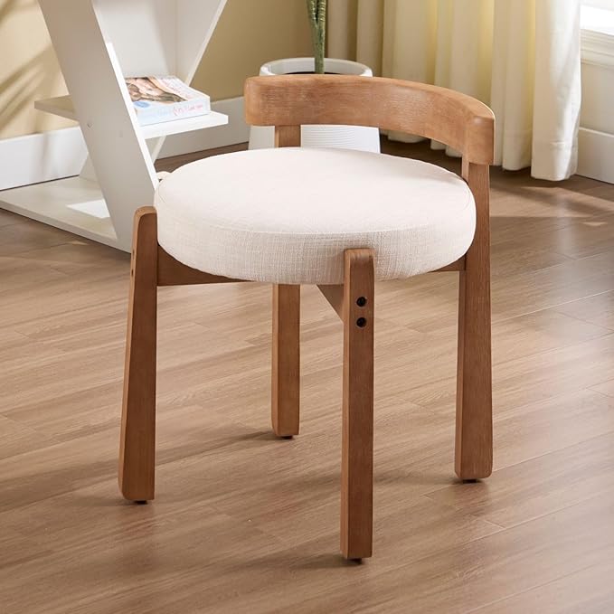 LukeAlon Cute Linen Upholstered Vanity Stool, Round Comfy Makeup Stool with Wooden Legs Small Ottoman Chair Mid Century Modern Padded Seat Footrest for Makeup Room Cloakroom Bedroom, Beige