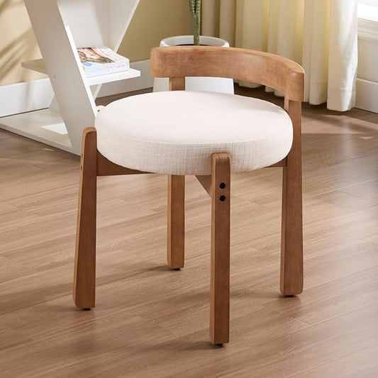 LukeAlon Cute Linen Upholstered Vanity Stool, Round Comfy Makeup Stool with Wooden Legs Small Ottoman Chair Mid Century Modern Padded Seat Footrest for Makeup Room Cloakroom Bedroom, Beige