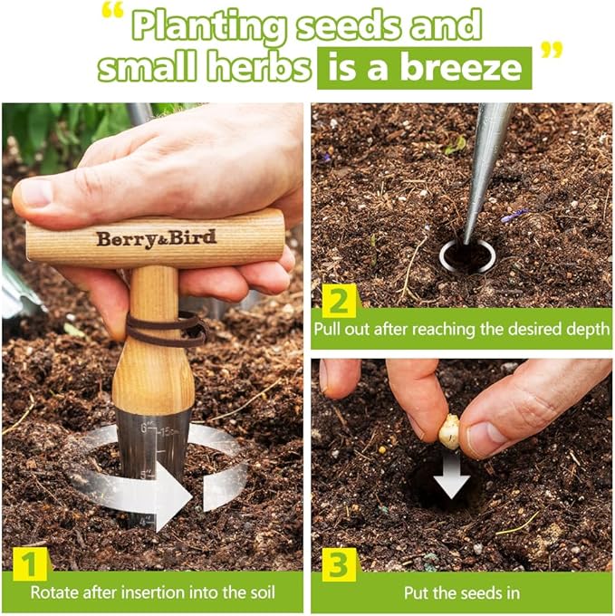 Berry&Bird Hand Dibber – Precision Wood Handle Garden Hole Punch Dibbler Tool for Planting Seeds & Bulbs with 6'' Measuring Scale, Bulb Planter for Planting Flowers Tulips Daffodils Dahlias