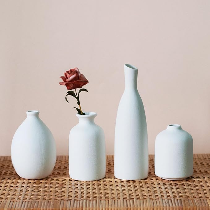 White Ceramic Vase Set of 4, Classic Matte Vases Home Decorations for Table Shelf Office Decor (White)