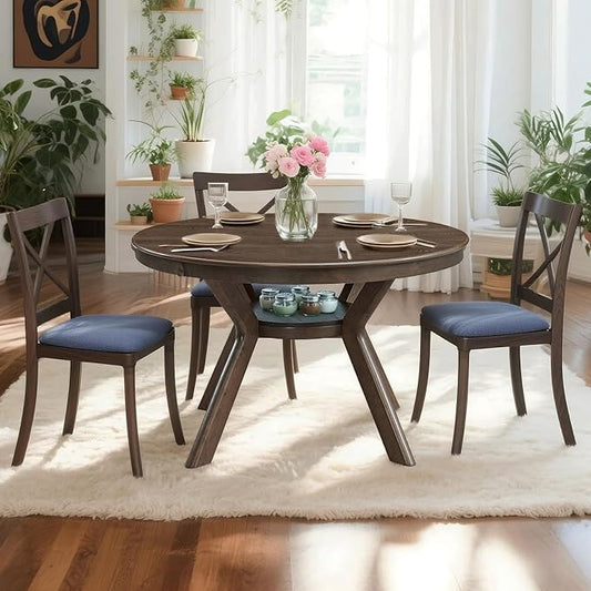 NicBex 47.24" Rubber Wood Round Dining Table for 4-6 People, Mid-Century Kitchen and Dining Table with Wooden Trestle Base, Rustic Brown Solid Wood and MDF Table for Dining Room or Living Room Oak