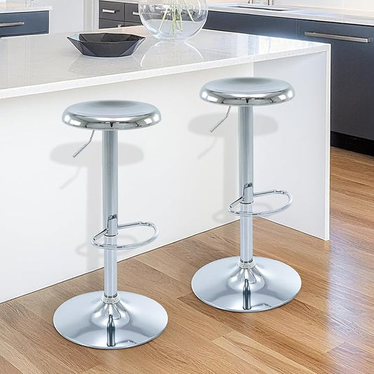 Bar Stools Set of 2, Adjustable Height Swivel Bar Stools, Metal Airlift Barstools, Backless Counter Height Bar Chairs for Kitchen Dining Room Pub Cafe (Silver)