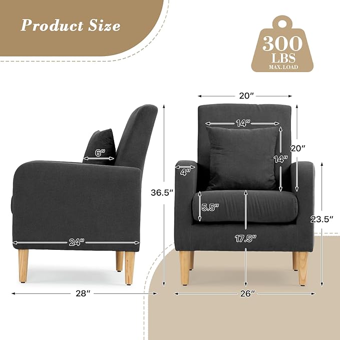 Athena Collection Modern Accent Chair with Cushion, Comfy Upholstered Fabric Reading Chair for Adult, Soft Sofa Armchair for Living Room, Bedroom, Dorm, Black