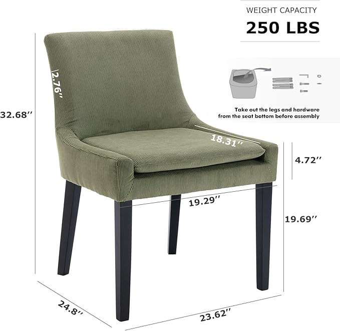 COLAMY Modern Dining Chairs Set of 4, Upholstered Corduroy Accent Side Chairs with Mid Back and Wood Legs for Living Room/Dining Room- Light Green