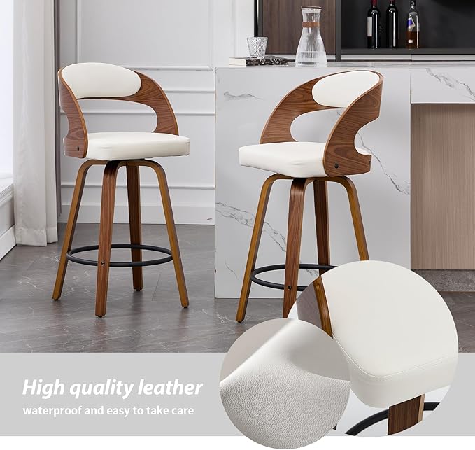 Swivel Bar Stools Set of 2, Walnut Counter Height Bar Stools with Back and Arms, 26" Modern Faux Leather Upholstered Bar Chairs with Bentwood Frame for Kitchen Island Bar - White