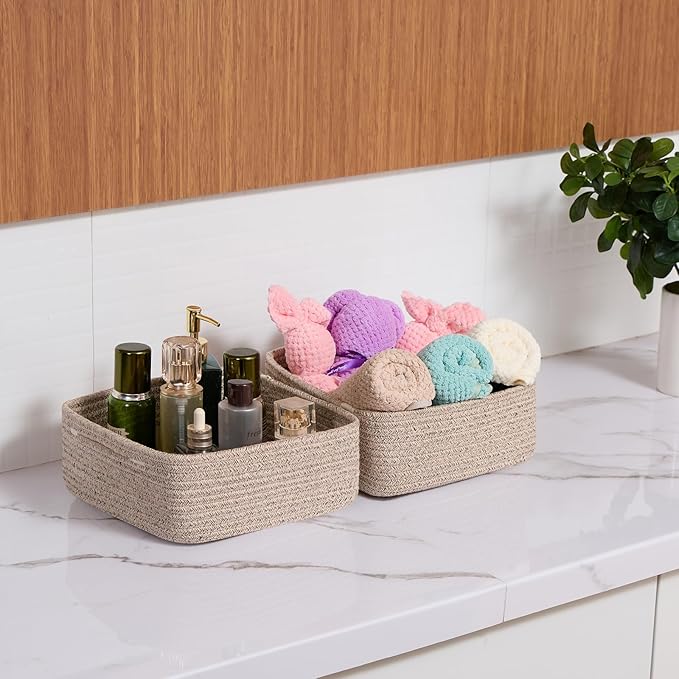 Small Square Shallow Baskets for Organizing, 9.7x9.7x4.3 Inch Rope Woven Storage Bins for Cubes Closet, Shelves Storage, Boho Decorative Basket, 2 Packs Mixed Brown