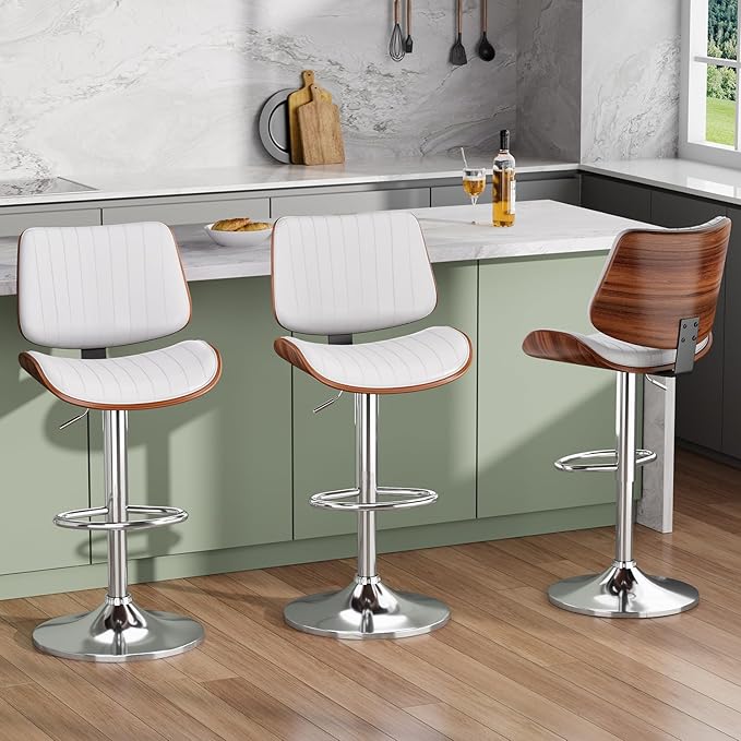 Swivel Bar Stools Set of 4, Adjustable Bentwood Barstools for Kitchen Counter, Modern PU Leather Upholstered Bar Chair with Back and Footrest, for Kitchen Island, Bar, Dining Room, White