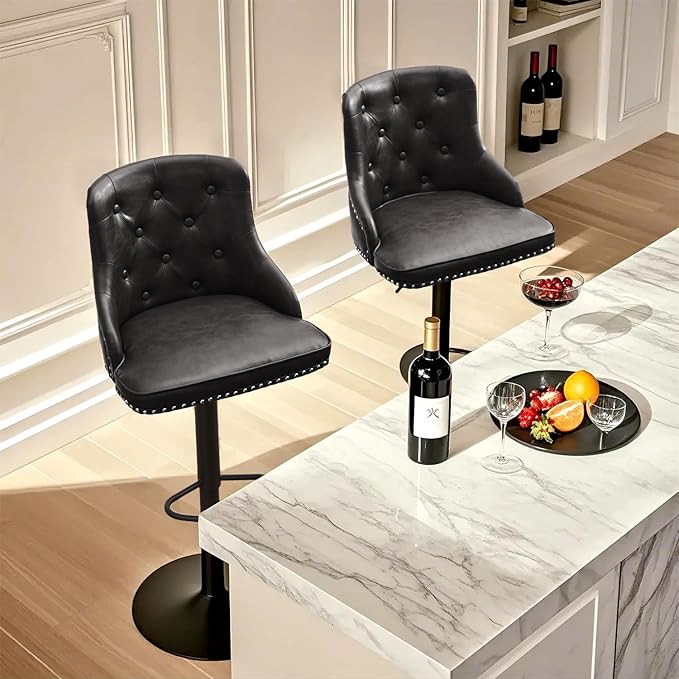 Modern Counter Stools Set of 2, Swivel Counter Height Bar Stools with Back and Armrests, 25'' to 33'' Adjustable Height PU Leather Bar Chairs with Rivets for Kitchen Island, Black
