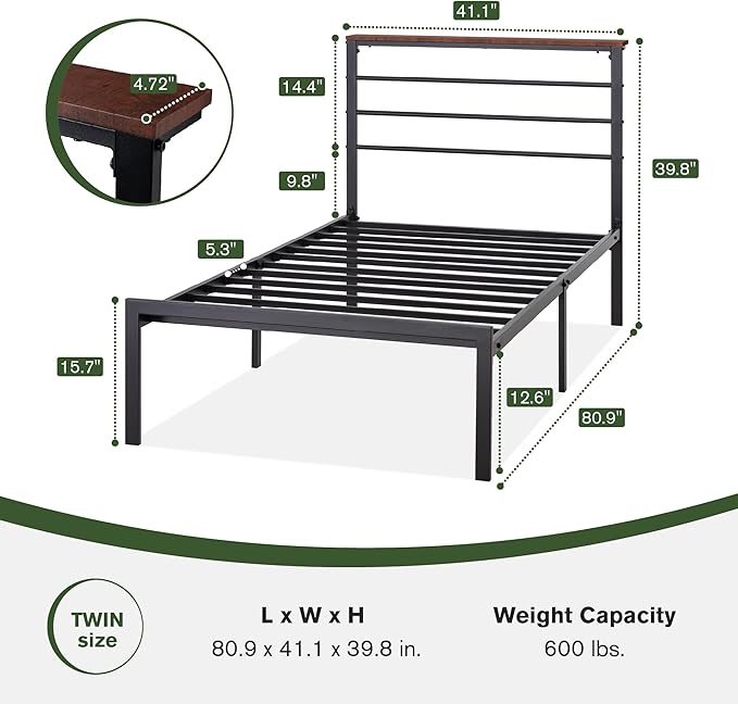 MUTICOR Heavy-Duty Twin Metal Platform Bed Frame with Shelf Headboard, No Box Spring Needed, Easy Assembly, Brown Shelf