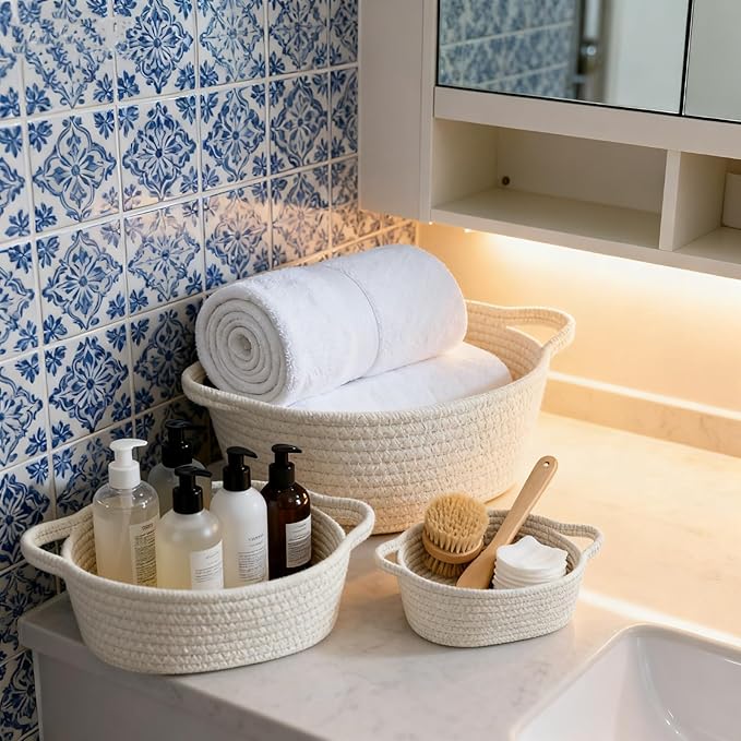 5-Piece Storage Shelf Basket Set, Natural Cotton Rope Woven Basket with Handles, Decorative Rectangle Organizer Bin for Home, Nursery, Montessori, Pet Toy Storage and Bathroom Organization, White