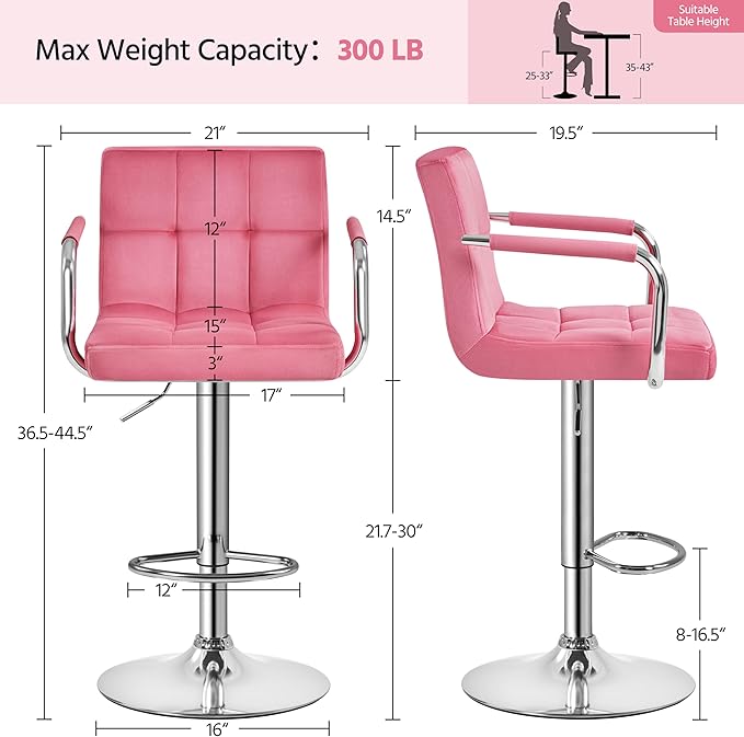 Yaheetech Bar Stools Set of 2, Adjustable Velvet Fabric Swivel Barstools, Modern Counter Stools with Back and Footrest, Counter Height Barstools for Bar, Kitchen, Dining Room, Pink