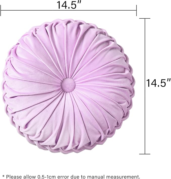 HIG Set of 2 Decorative Round Pleated Throw Pillows,Classy Accent Pumpkin Throw Pillows with Center Button,Vintage Velvet Floor Pillows for Sofa Vanity Chair Bed,Light Purple,14.7" Diameter(Ripple)
