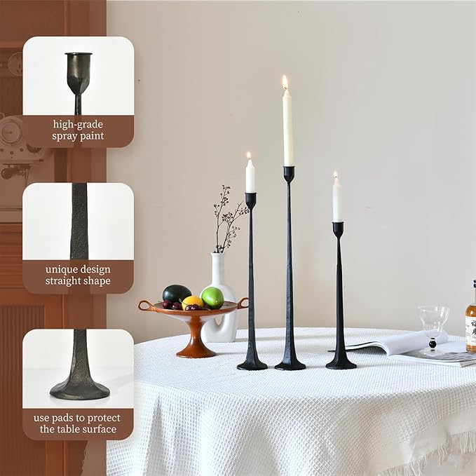 Set of 3 Candle Stick Holders,Iron Black Candlestick Holders, Fits 3/4 inch Thick Candles, Tapered Candle Holders Tall Set for Dining Table, Wedding, Home Decoration