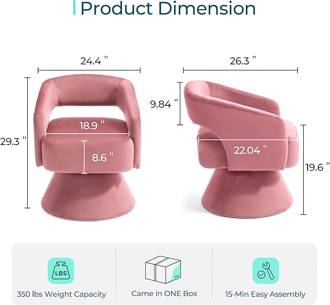 LINSY Swivel Barrel Chair, 360° Modern Swivel Accent Chairs with Arms, Boucle Swivel Chair Pink Velvet Chairs for Bedroom Living Room Small Spaces